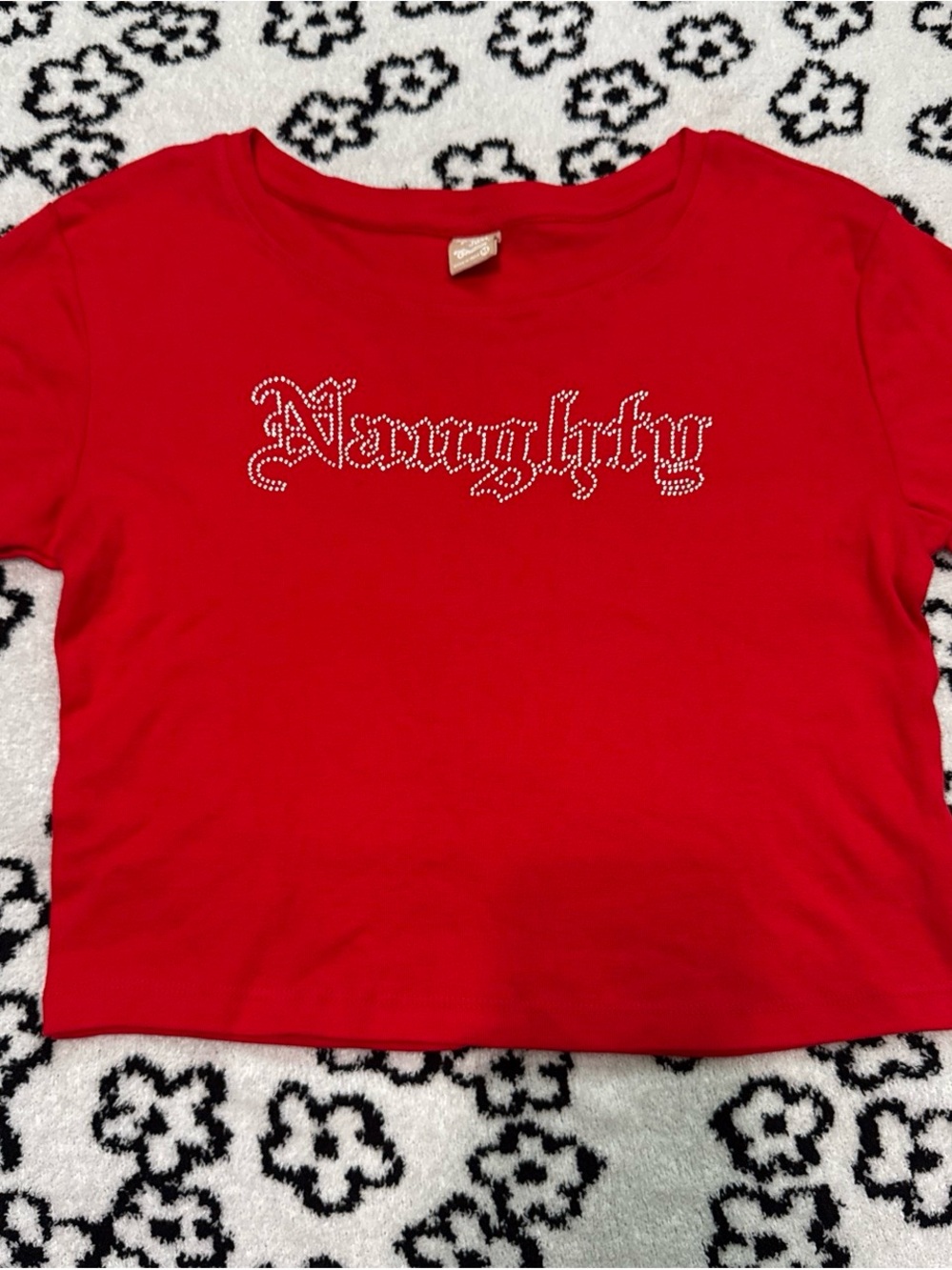 Red Rhinestone 'Naughty' Crop Tee